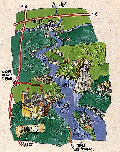 Lageplan der Sch�nburg bei Oberwesel am Rhein zwischen Frankfurt, Mainz, Koblenz und K�ln