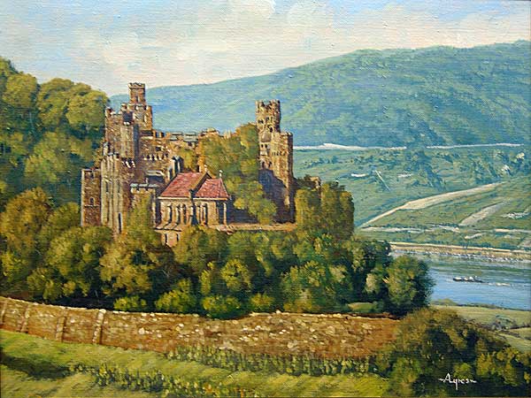 Burg Reichenstein bei Trechtingshausen am Rhein, lgemlde von Donald Ayres, Privatsammlung